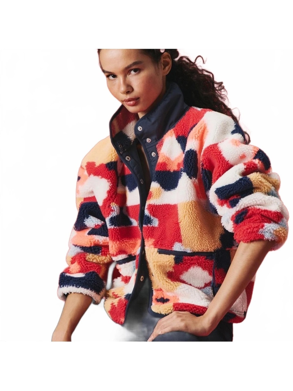 Free People Mountain High Bold Geo Sherpa Fuzzy Jacket in Red & Navy L NWT